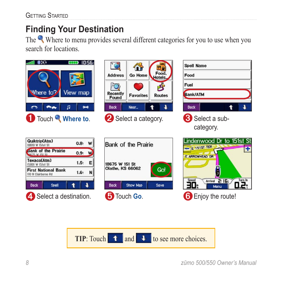 Finding your destination | Garmin 550 User Manual | Page 14 / 70