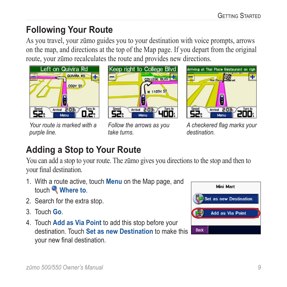 Following your route, Adding a stop to your route | Garmin 550 User Manual | Page 15 / 70