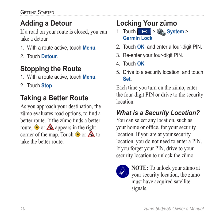 Adding a detour, Stopping the route, Taking a better route | Locking your zūmo, Theft feature | Garmin 550 User Manual | Page 16 / 70