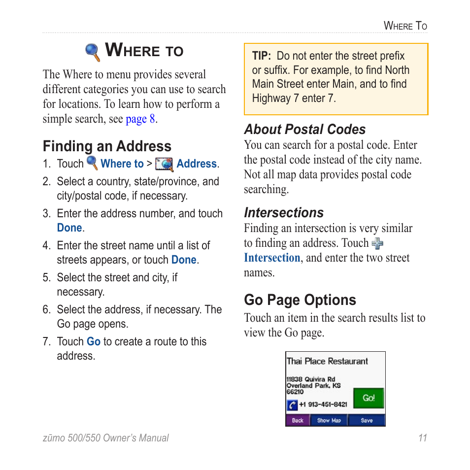 Where to, Finding an address, Go page options | Garmin 550 User Manual | Page 17 / 70