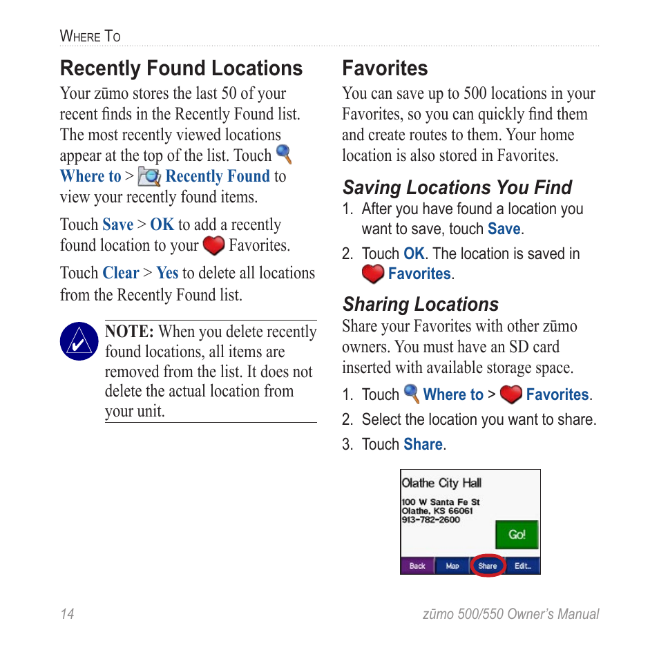 Recently found locations, Favorites | Garmin 550 User Manual | Page 20 / 70