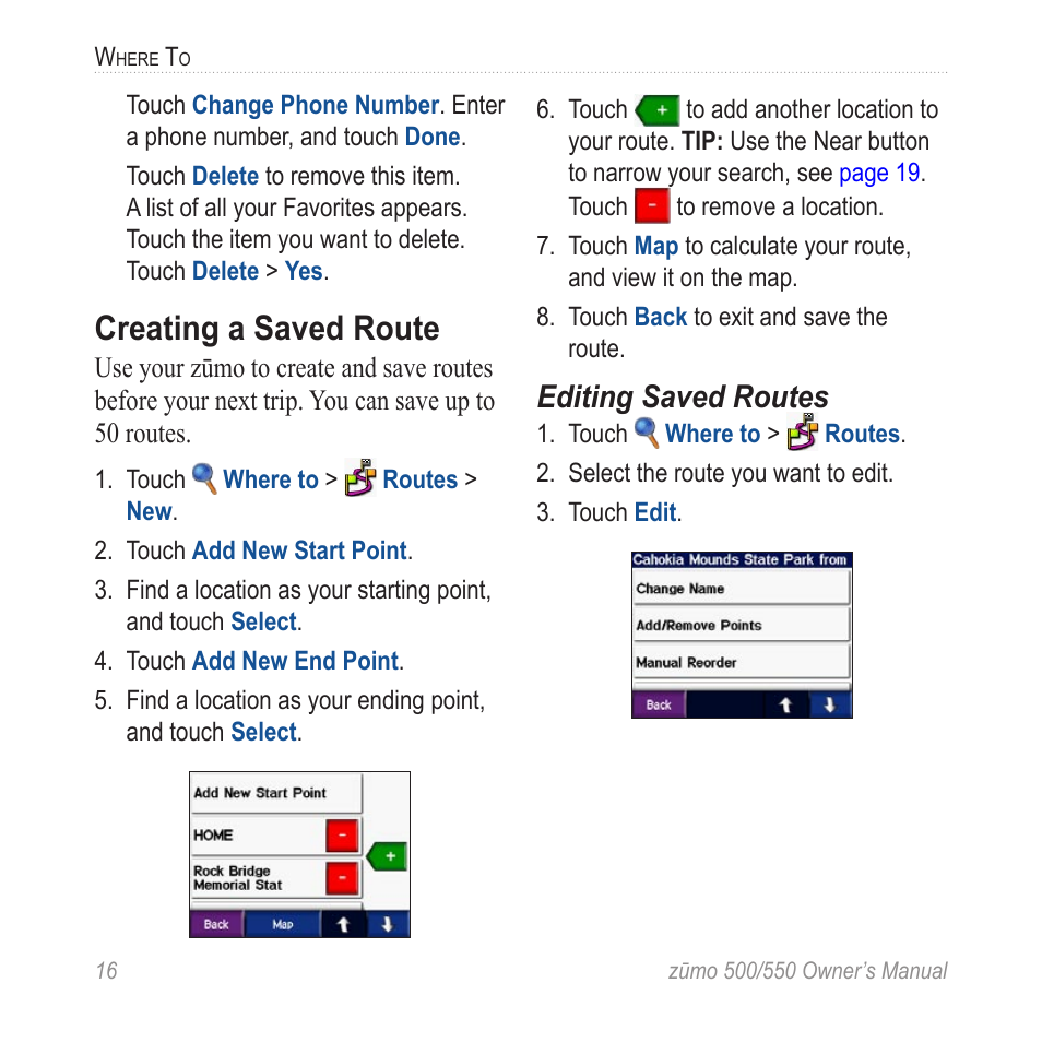 Creating a saved route, Editing saved routes | Garmin 550 User Manual | Page 22 / 70
