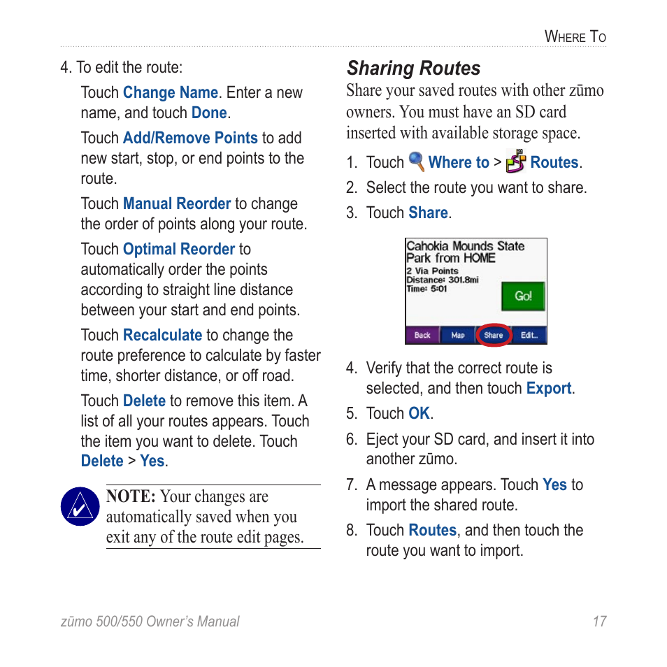 Sharing routes | Garmin 550 User Manual | Page 23 / 70