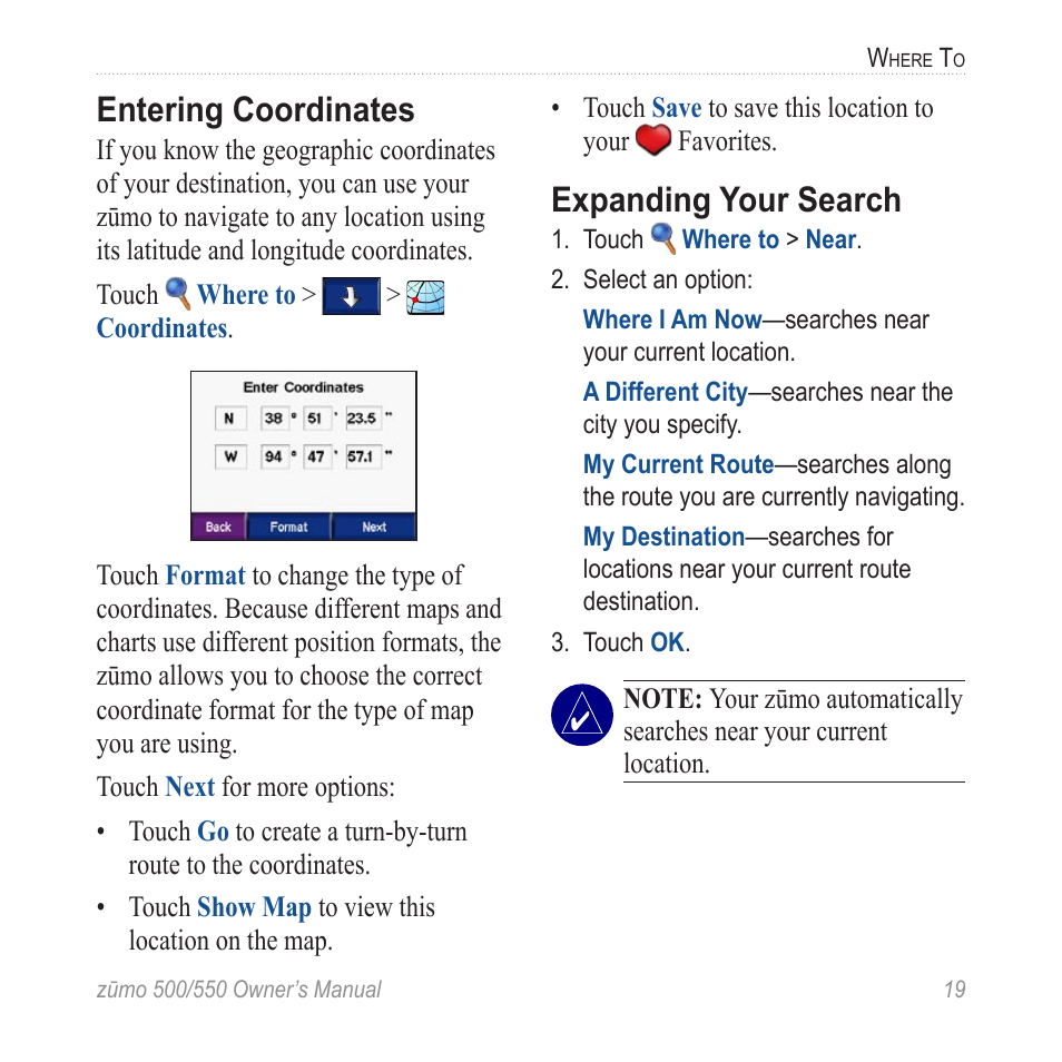 Entering coordinates, Expanding your search | Garmin 550 User Manual | Page 25 / 70