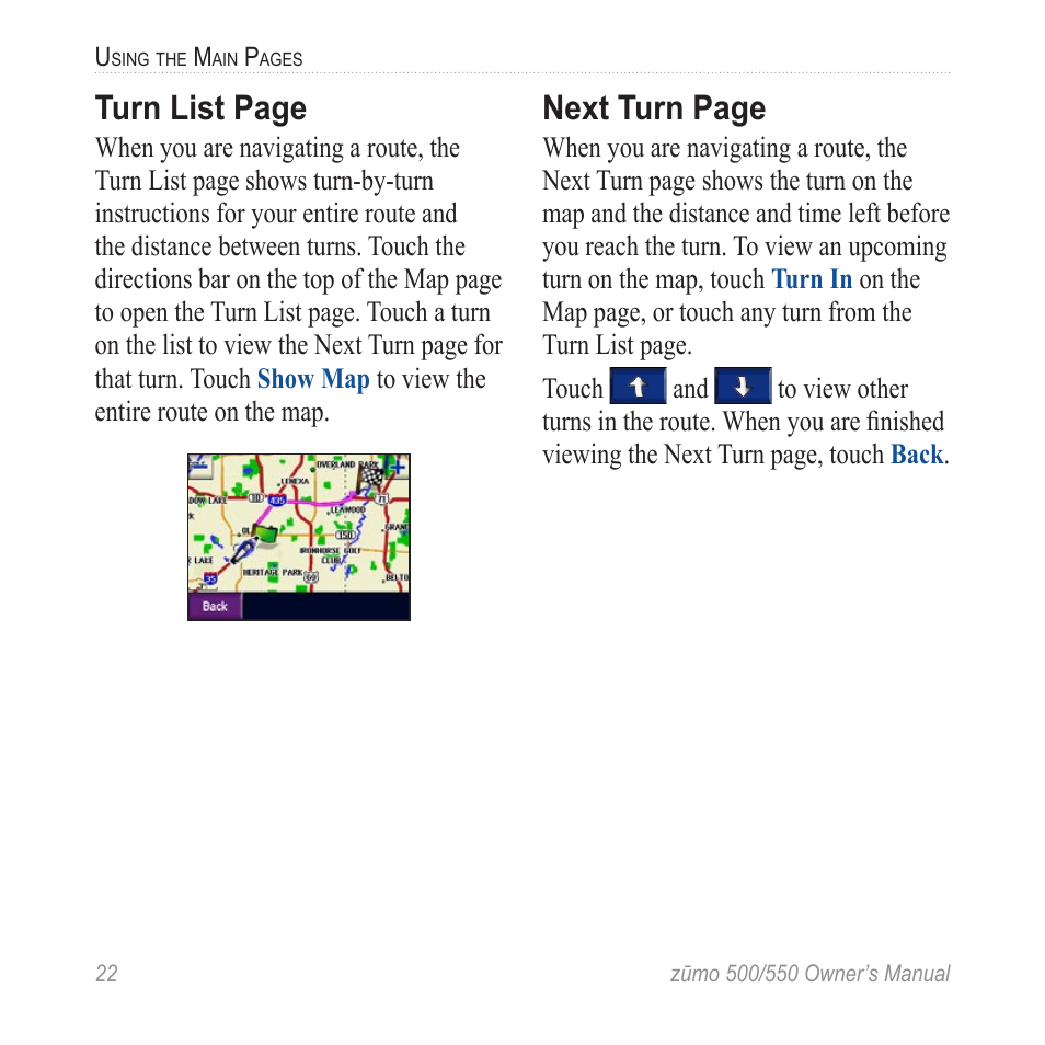 Turn list page, Next turn page | Garmin 550 User Manual | Page 28 / 70