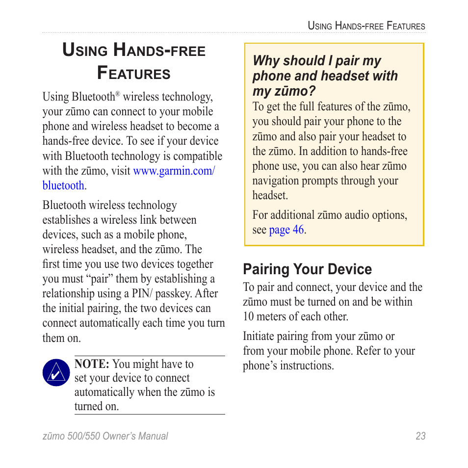 Using hands-free features, Pairing your device, Features | Garmin 550 User Manual | Page 29 / 70