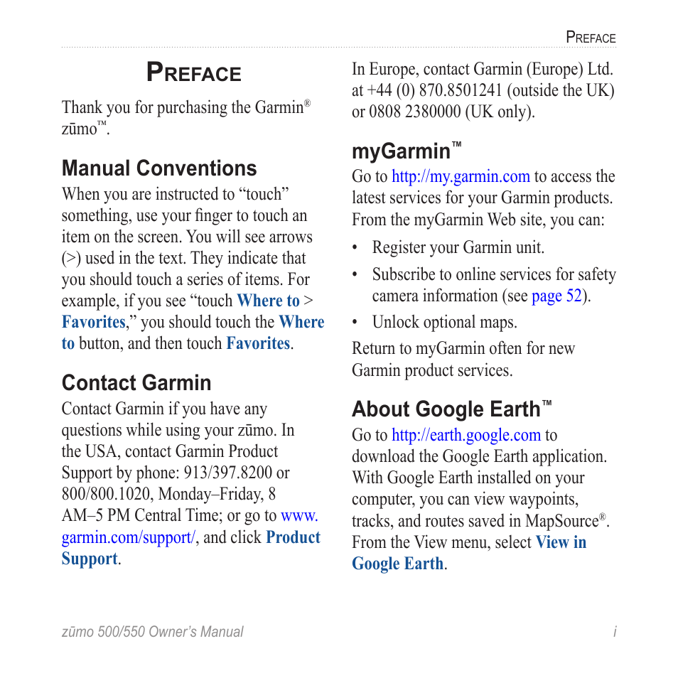 Preface, Manual conventions, Contact garmin | Mygarmin, About google earth | Garmin 550 User Manual | Page 3 / 70