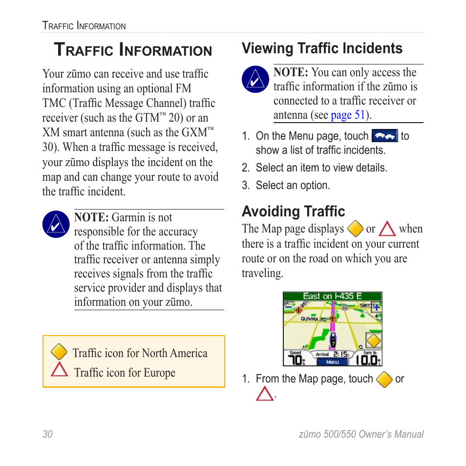 Traffic information, Viewing traffic incidents, Avoiding traffic | Trafﬁc information, Viewing trafﬁc incidents, Avoiding trafﬁc | Garmin 550 User Manual | Page 36 / 70