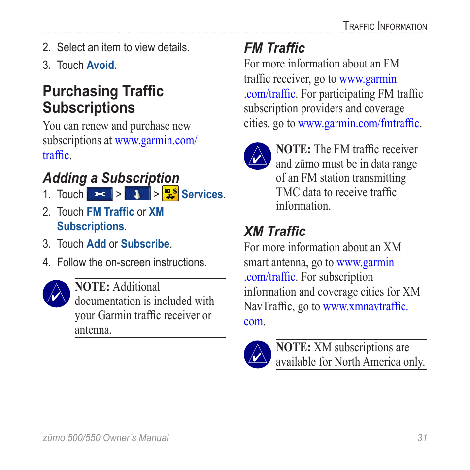 Purchasing traffic subscriptions, Purchasing trafﬁc subscriptions | Garmin 550 User Manual | Page 37 / 70