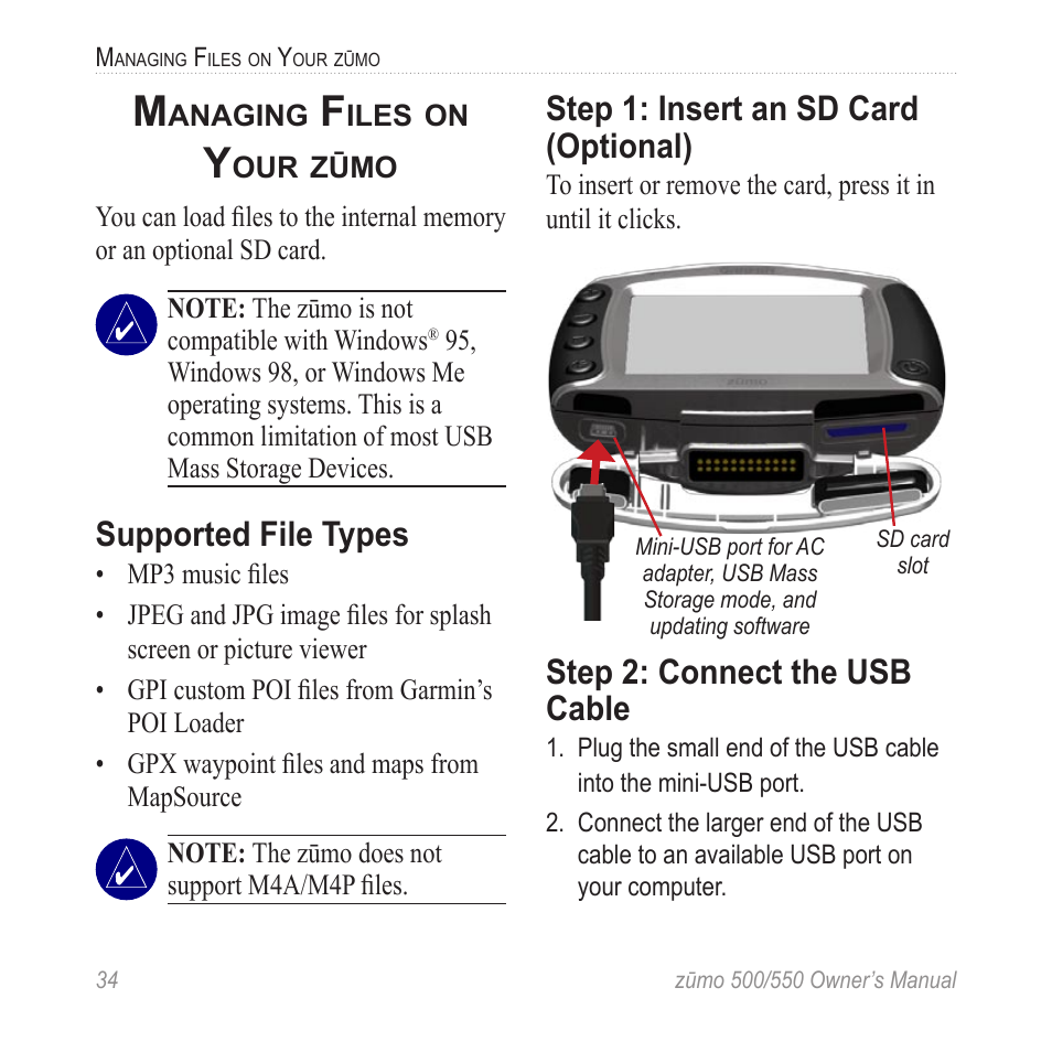 Managing files on your zūmo, Supported file types, Step 1: insert an sd card (optional) | Step 2: connect the usb cable, Step 1: insert an sd, Card (optional) | Garmin 550 User Manual | Page 40 / 70