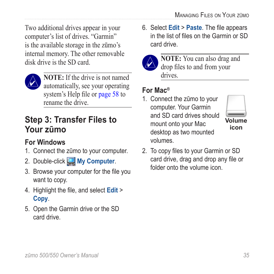 Step 3: transfer files to your zūmo, Step 3: transfer files to, Your zūmo | Garmin 550 User Manual | Page 41 / 70