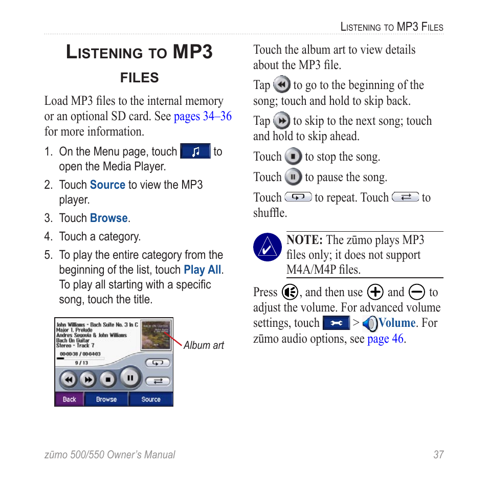 Listening to mp3 files, Listening to mp3 ﬁles | Garmin 550 User Manual | Page 43 / 70