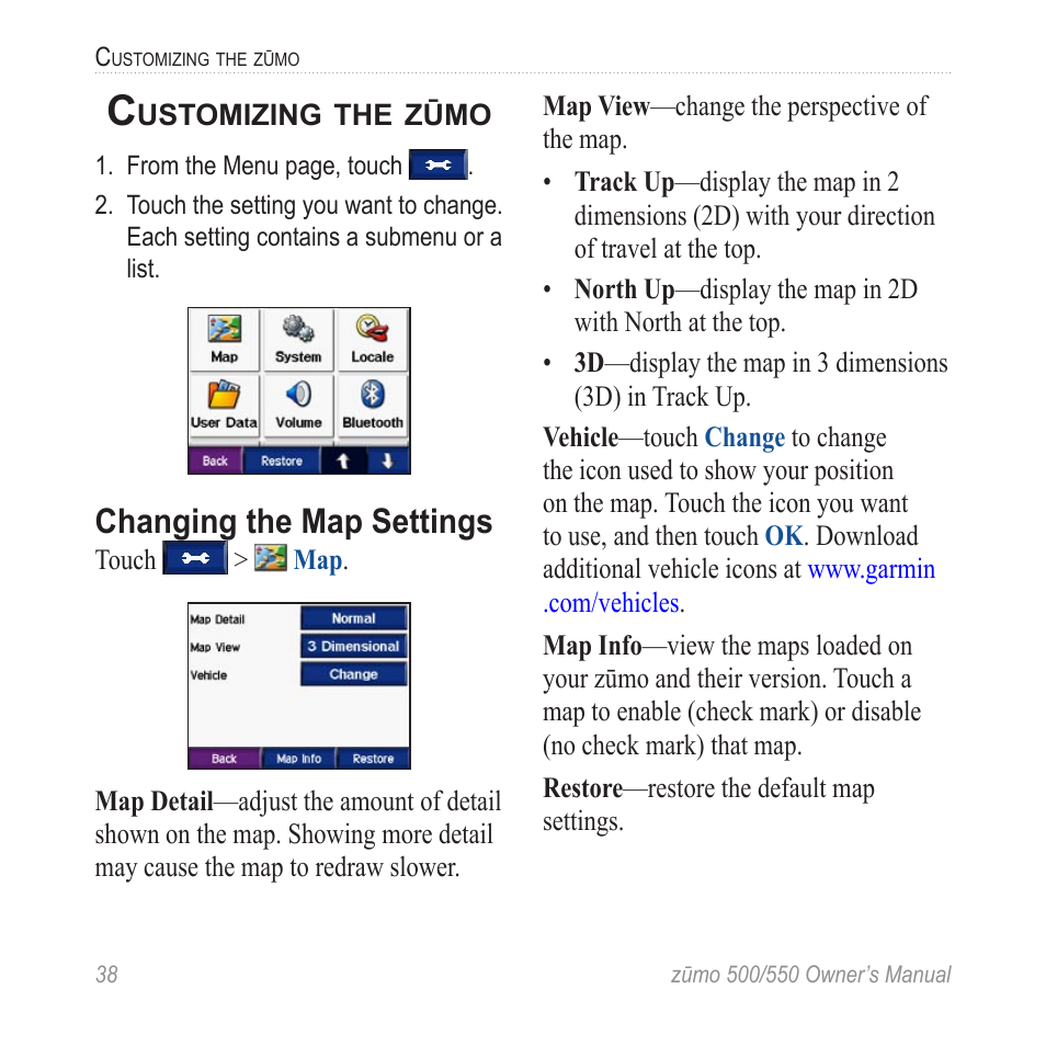 Customizing the zūmo, Changing the map settings | Garmin 550 User Manual | Page 44 / 70