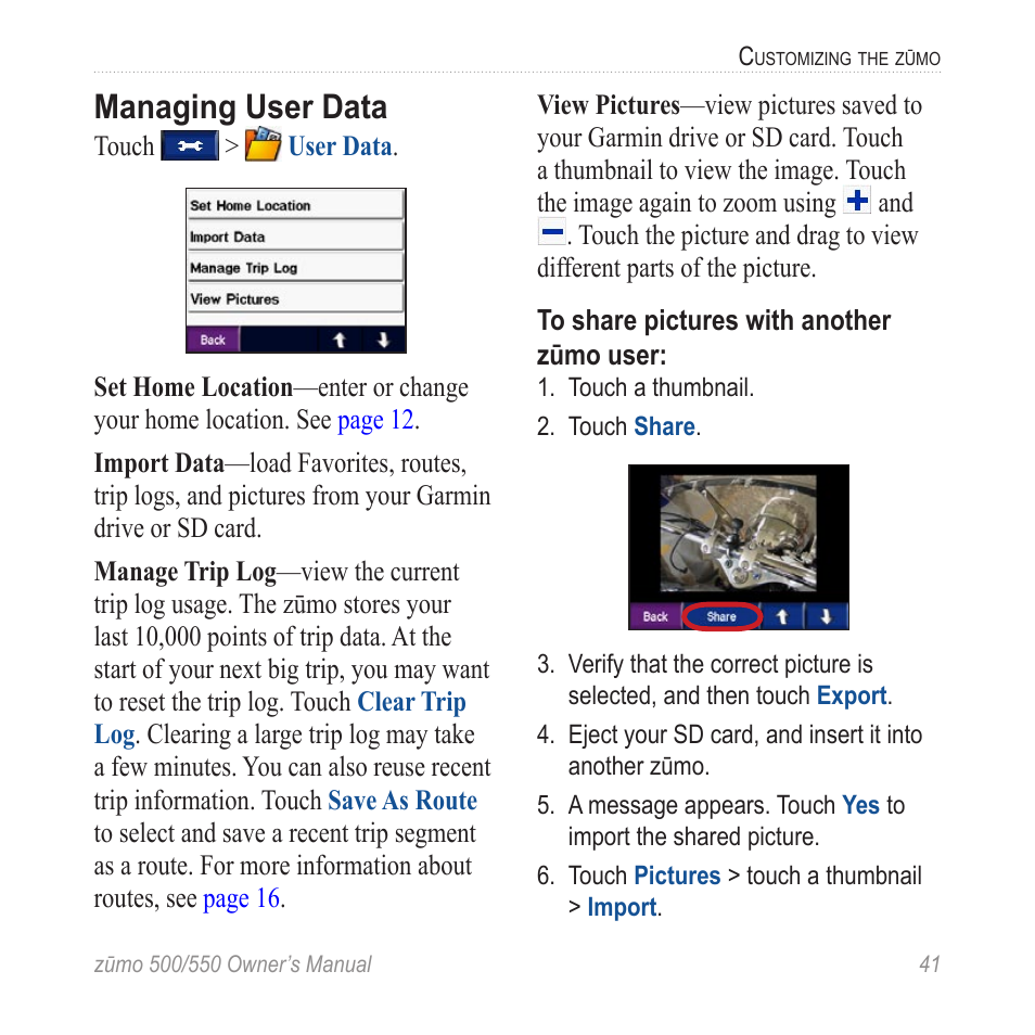 Managing user data | Garmin 550 User Manual | Page 47 / 70