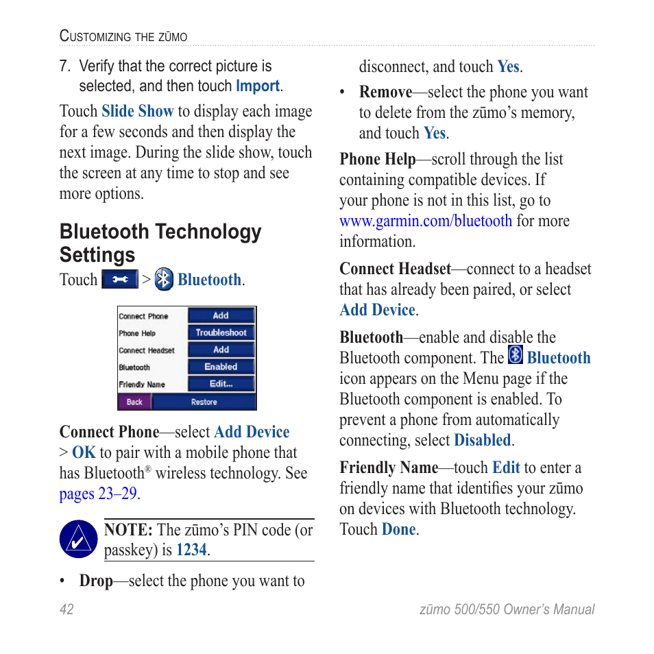 Bluetooth technology settings | Garmin 550 User Manual | Page 48 / 70