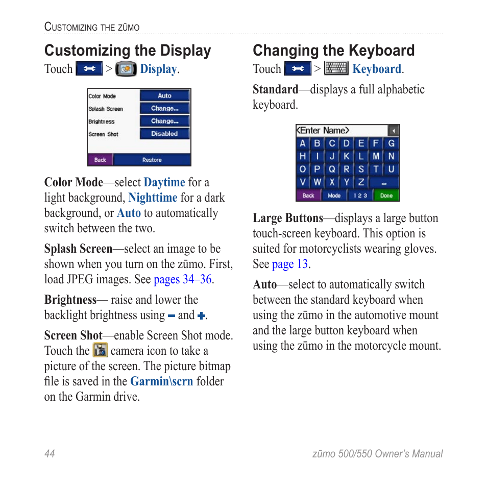 Customizing the display, Changing the keyboard | Garmin 550 User Manual | Page 50 / 70