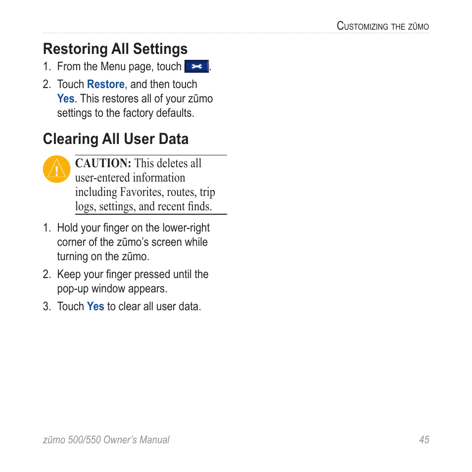 Restoring all settings, Clearing all user data | Garmin 550 User Manual | Page 51 / 70