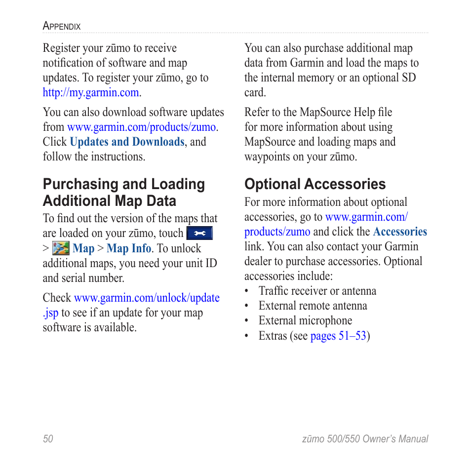 Purchasing and loading additional map data, Optional accessories, Purchasing and loading | Additional map data, Additional map data (see | Garmin 550 User Manual | Page 56 / 70