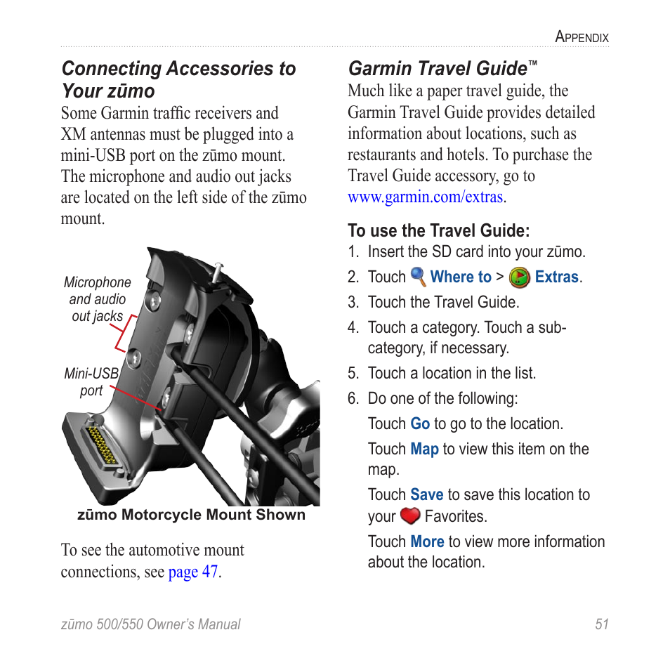 Connecting accessories to your zūmo, Garmin travel guide | Garmin 550 User Manual | Page 57 / 70