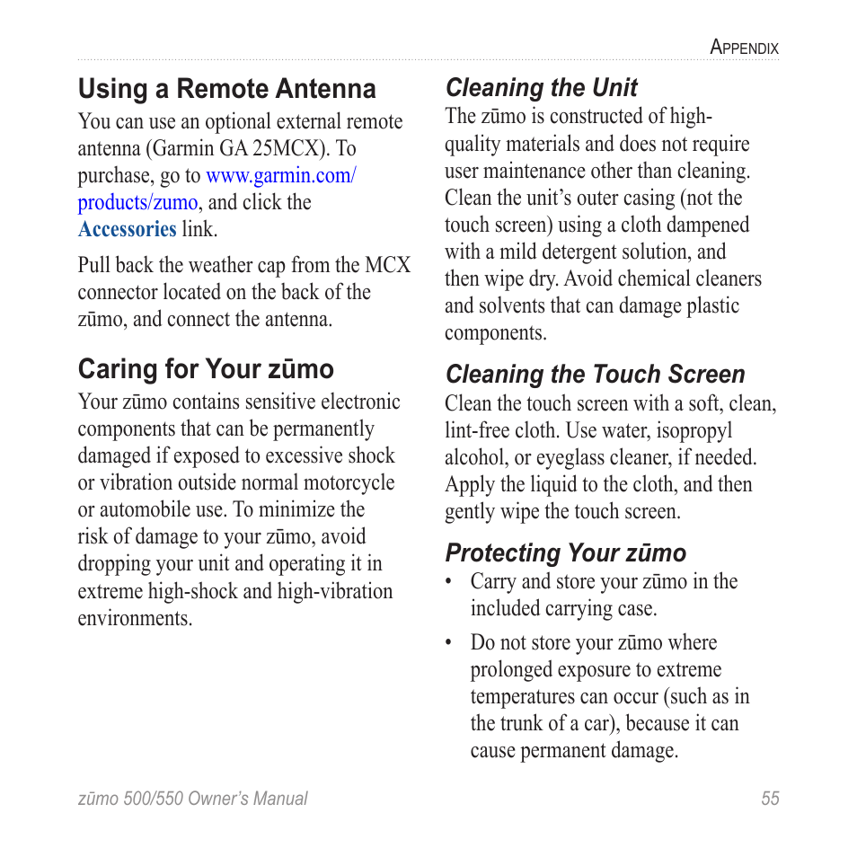 Using a remote antenna, Caring for your zūmo | Garmin 550 User Manual | Page 61 / 70