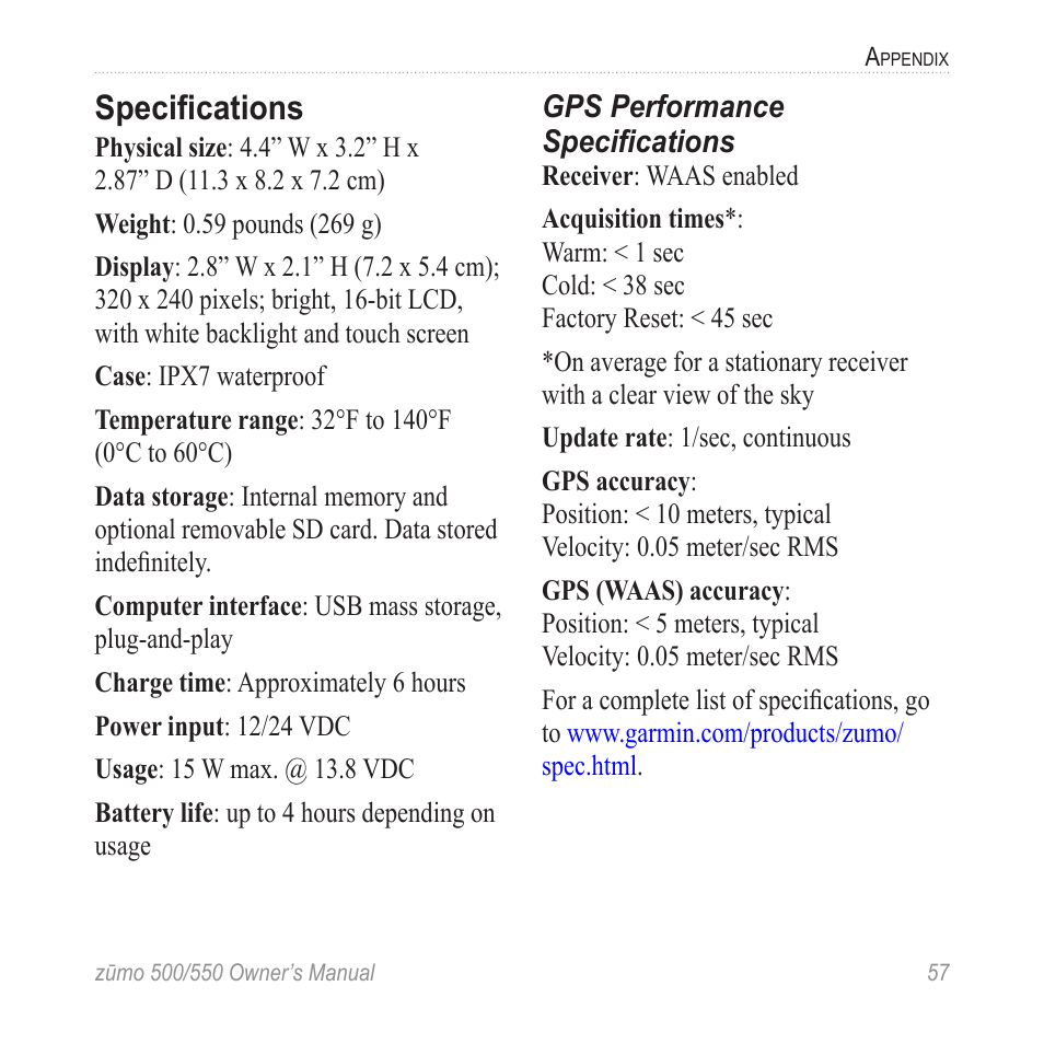 Specifications, Speciﬁcations | Garmin 550 User Manual | Page 63 / 70