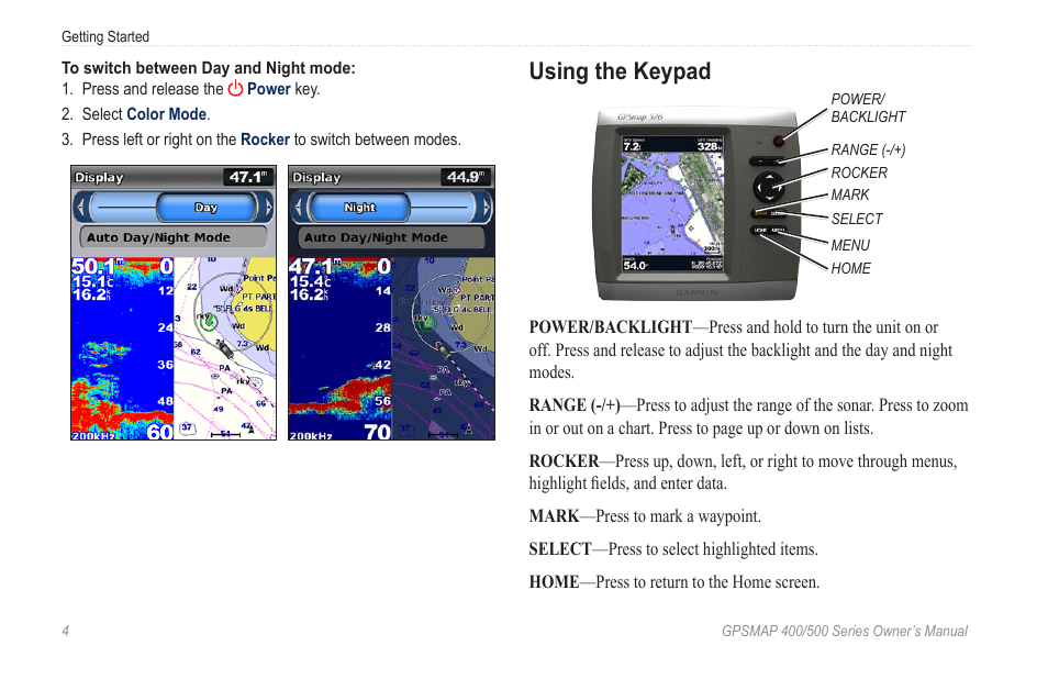 Using the keypad, Acquiring gps satellite signals | Garmin GPSMAP 400 User Manual | Page 10 / 84