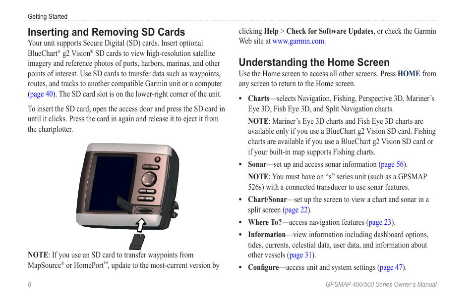 Understanding the home screen, Inserting and removing sd cards | Garmin GPSMAP 400 User Manual | Page 12 / 84