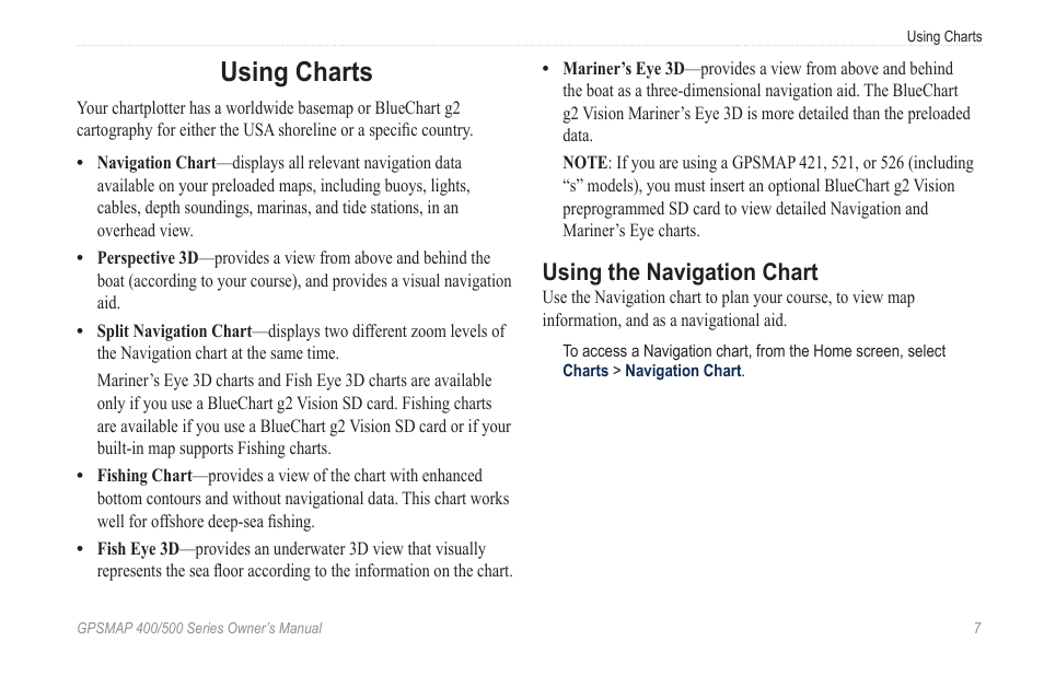 Using charts, Using the navigation chart | Garmin GPSMAP 400 User Manual | Page 13 / 84