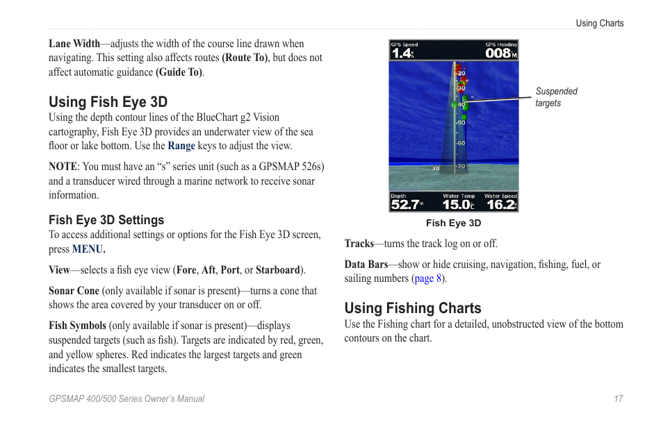 Using fish eye 3d, Using fishing charts | Garmin GPSMAP 400 User Manual | Page 23 / 84