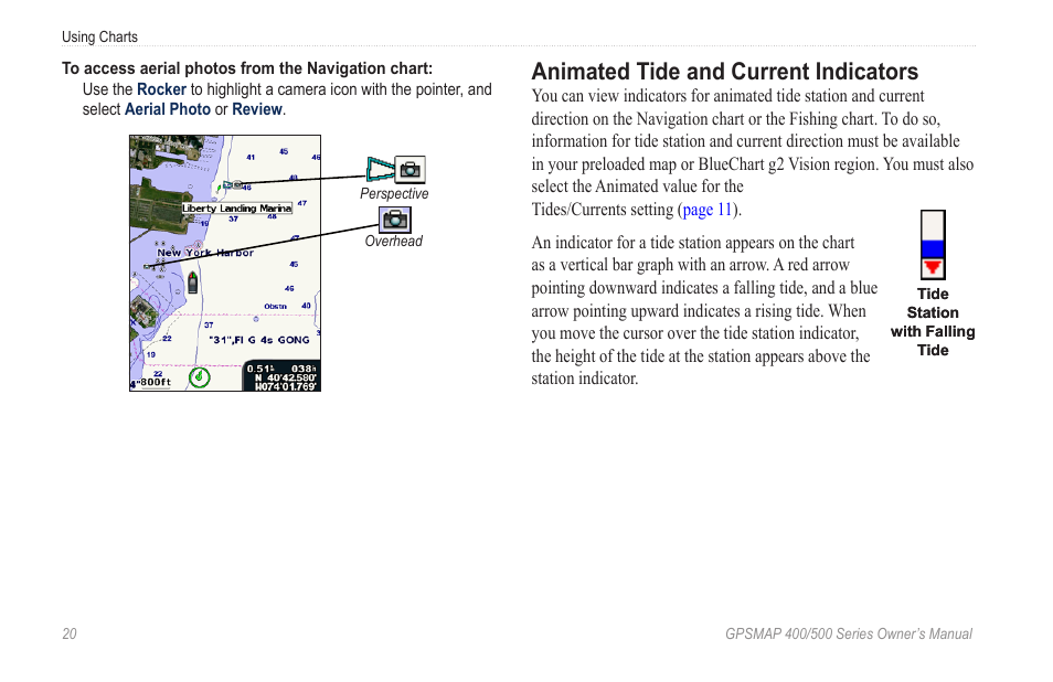 Animated tide and current indicators, Current direction indicators on the chart | Garmin GPSMAP 400 User Manual | Page 26 / 84