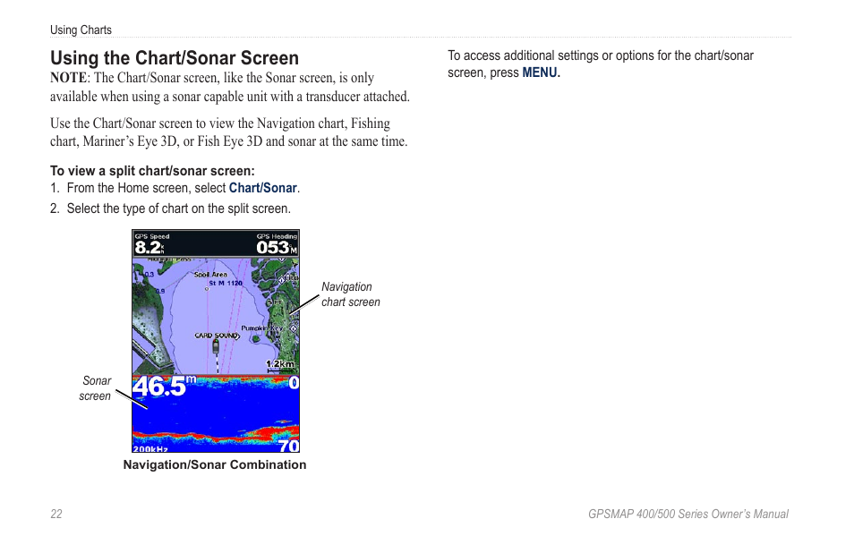 Using the chart/sonar screen | Garmin GPSMAP 400 User Manual | Page 28 / 84