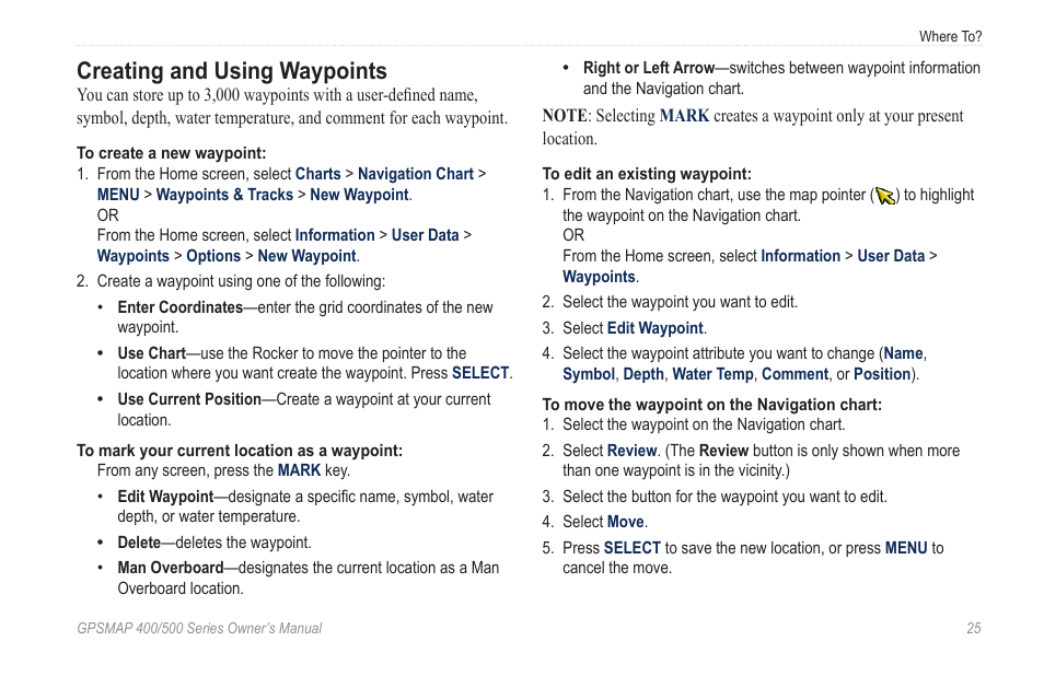 Creating and using waypoints, Aypoints | Garmin GPSMAP 400 User Manual | Page 31 / 84