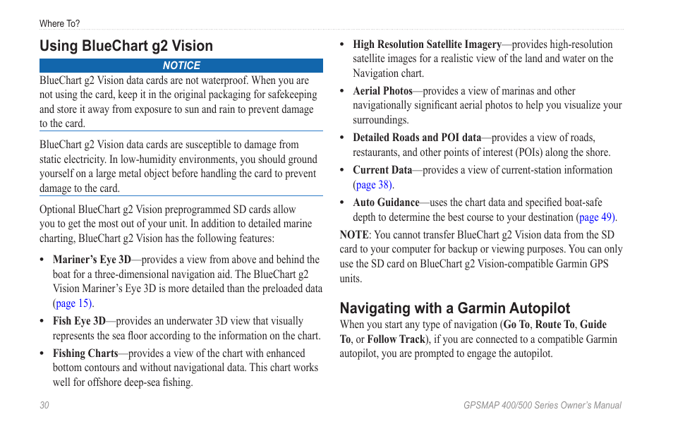 Using bluechart g2 vision, Navigating with a garmin autopilot | Garmin GPSMAP 400 User Manual | Page 36 / 84