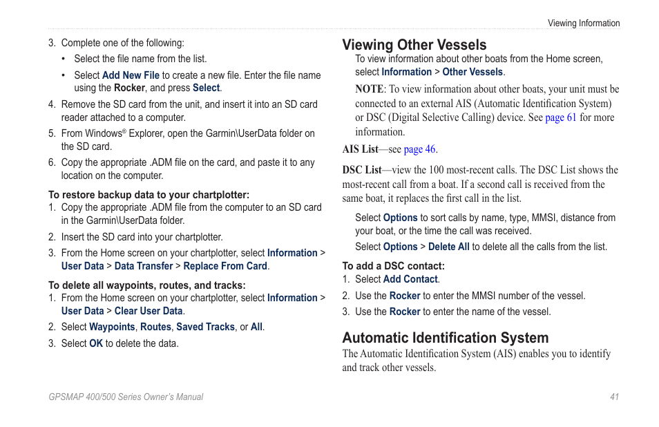 Viewing other vessels, Automatic identification system | Garmin GPSMAP 400 User Manual | Page 47 / 84