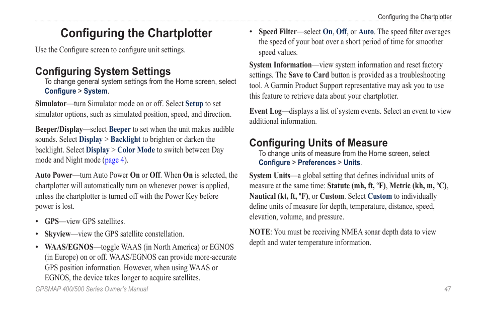 Configuring the chartplotter, Configuring system settings, Configuring units of measure | Access unit and system settings | Garmin GPSMAP 400 User Manual | Page 53 / 84