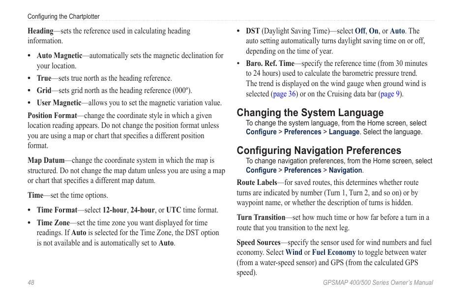 Changing the system language, Configuring navigation preferences | Garmin GPSMAP 400 User Manual | Page 54 / 84