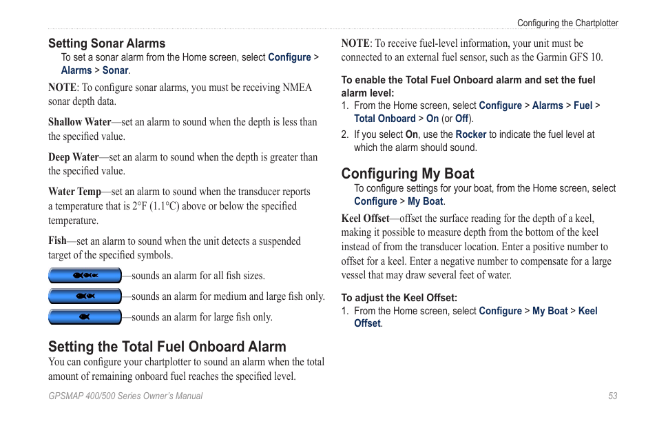 Setting the total fuel onboard alarm, Configuring my boat | Garmin GPSMAP 400 User Manual | Page 59 / 84