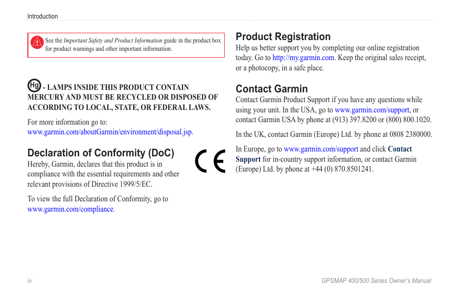 Declaration of conformity (doc), Product registration, Contact garmin | Garmin GPSMAP 400 User Manual | Page 6 / 84