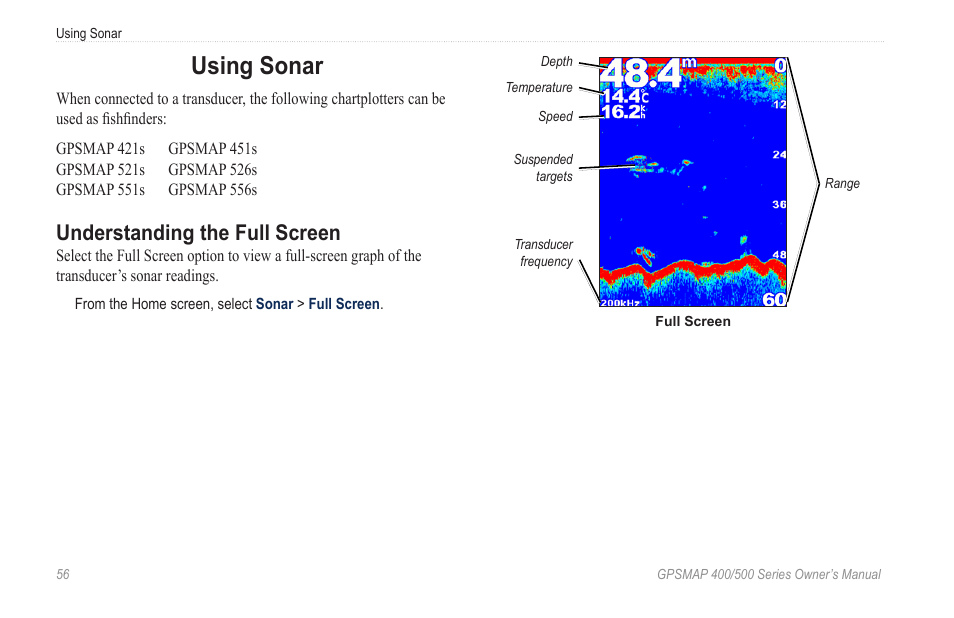 Using sonar, Understanding the full screen | Garmin GPSMAP 400 User Manual | Page 62 / 84