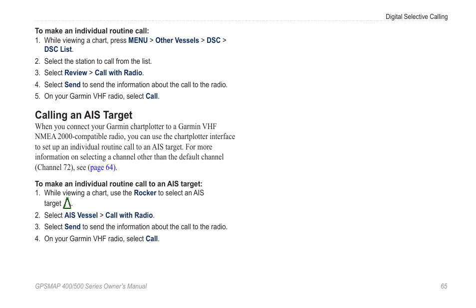 Calling an ais target | Garmin GPSMAP 400 User Manual | Page 71 / 84