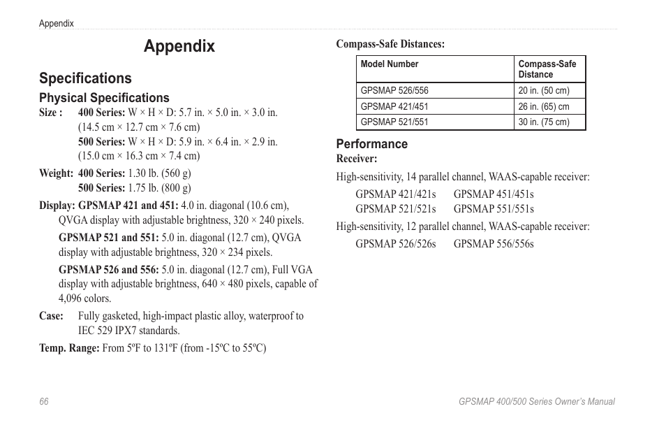 Appendix, Specifications | Garmin GPSMAP 400 User Manual | Page 72 / 84