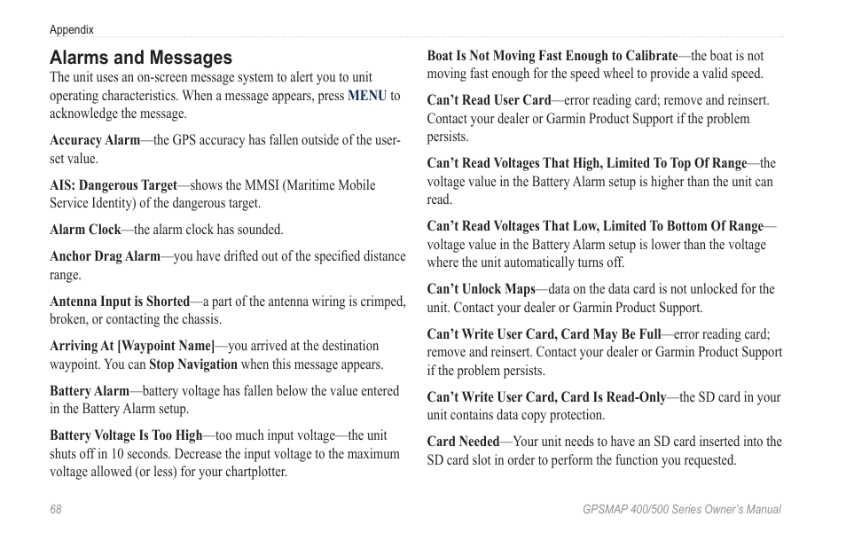 Alarms and messages | Garmin GPSMAP 400 User Manual | Page 74 / 84