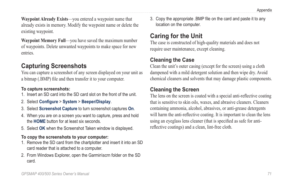 Capturing screenshots, Caring for the unit | Garmin GPSMAP 400 User Manual | Page 77 / 84