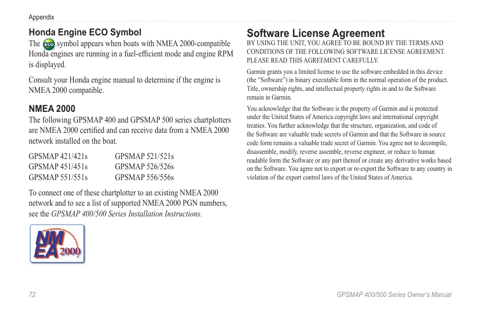 Software license agreement | Garmin GPSMAP 400 User Manual | Page 78 / 84