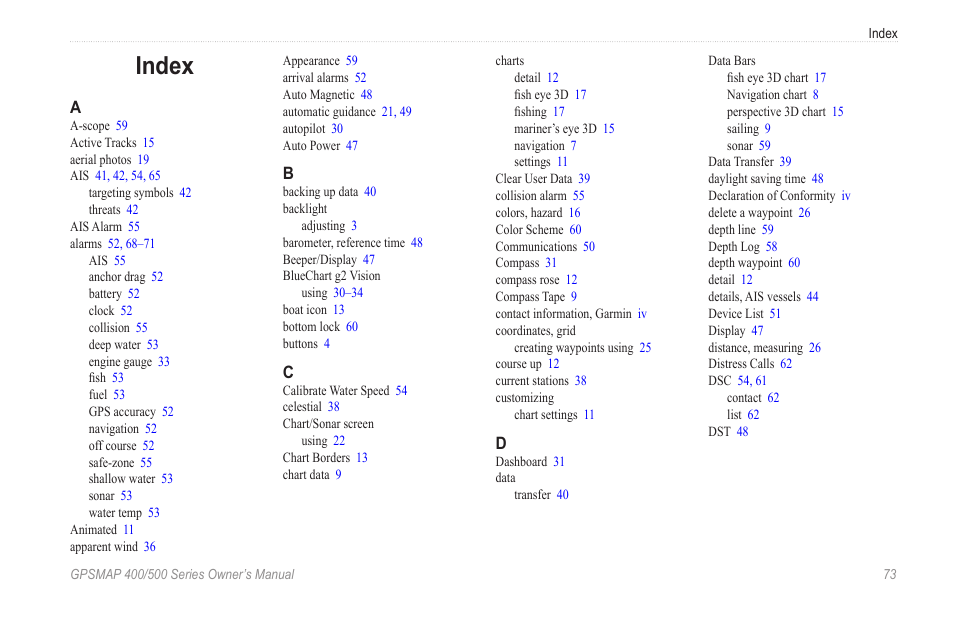 Index | Garmin GPSMAP 400 User Manual | Page 79 / 84