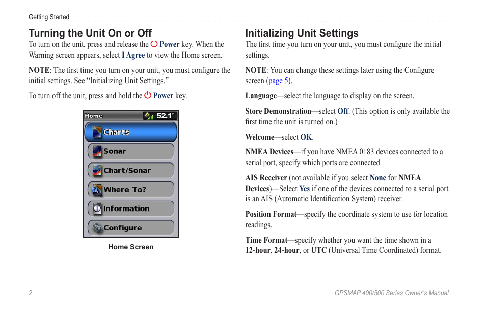 Turning the unit on or off, Initializing unit settings | Garmin GPSMAP 400 User Manual | Page 8 / 84