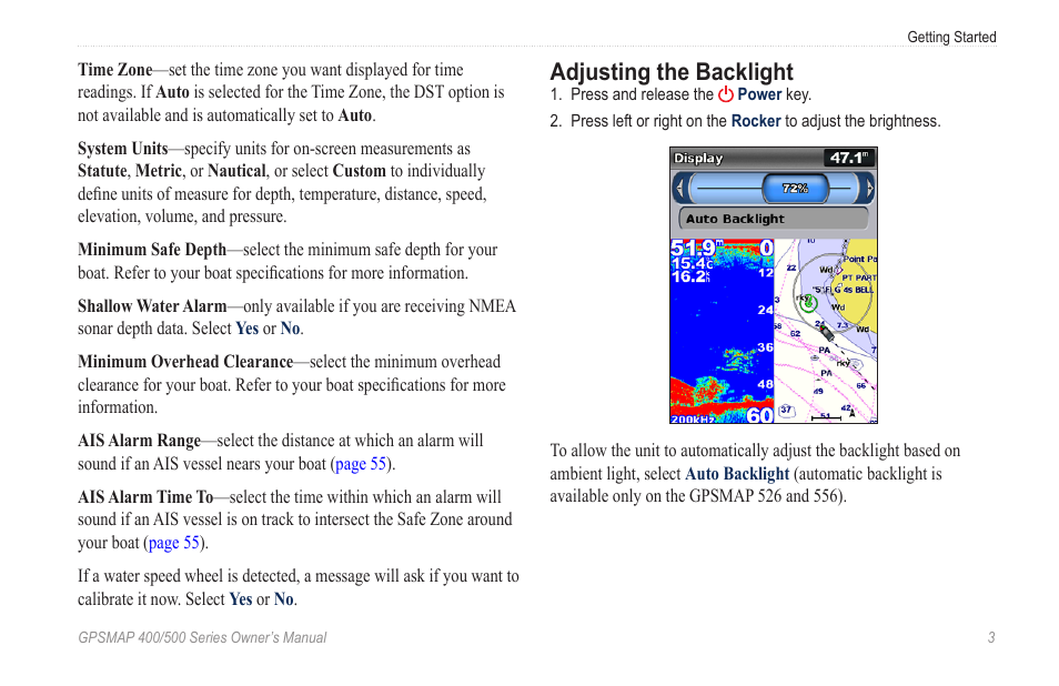 Adjusting the backlight | Garmin GPSMAP 400 User Manual | Page 9 / 84