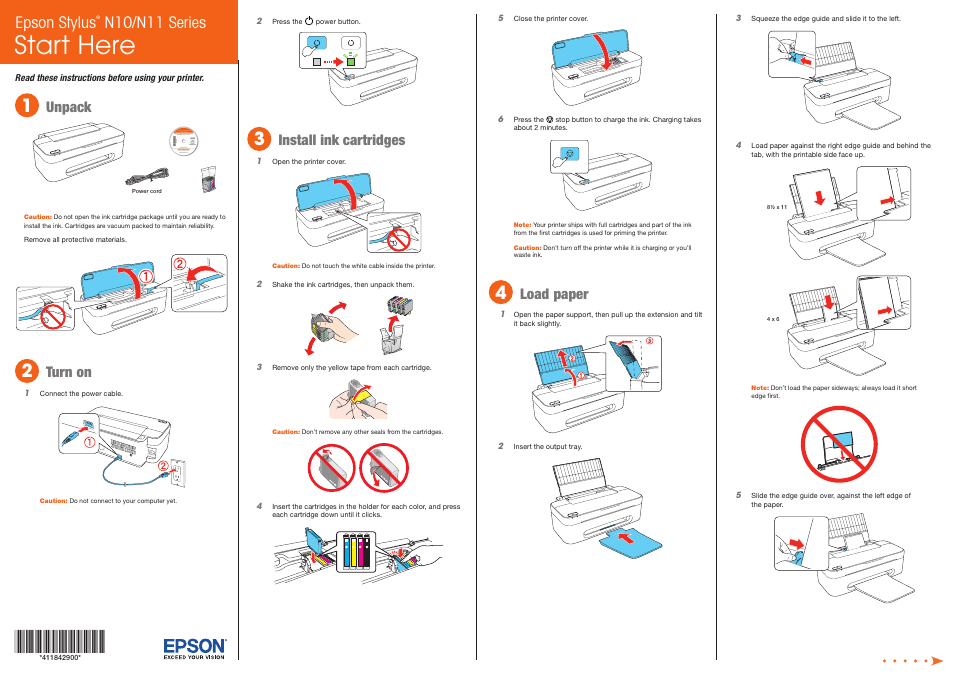 Load paper, Start here, Epson stylus | N10/n11 series, Unpack, Turn on, Install ink cartridges | Garmin STYLUS N11 User Manual | Page 2 / 4