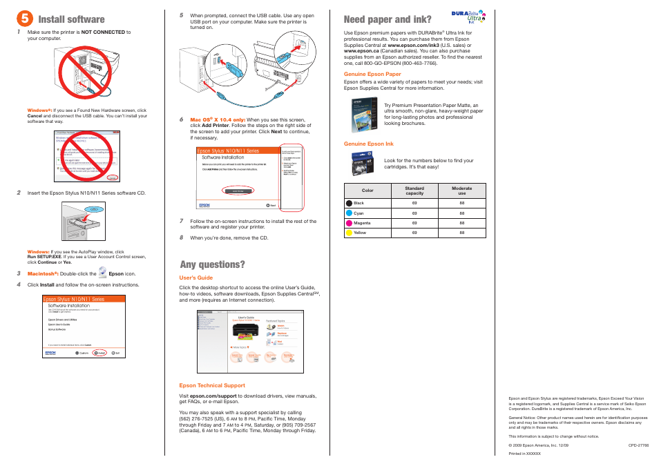 Install software, Any questions, Need paper and ink | Garmin STYLUS N11 User Manual | Page 3 / 4