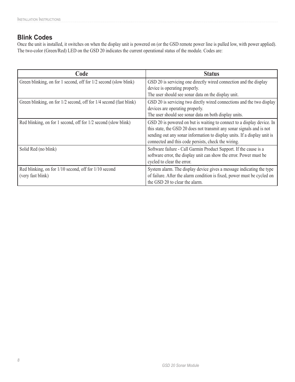 Blink codes, Code status | Garmin GSD-20 User Manual | Page 10 / 12